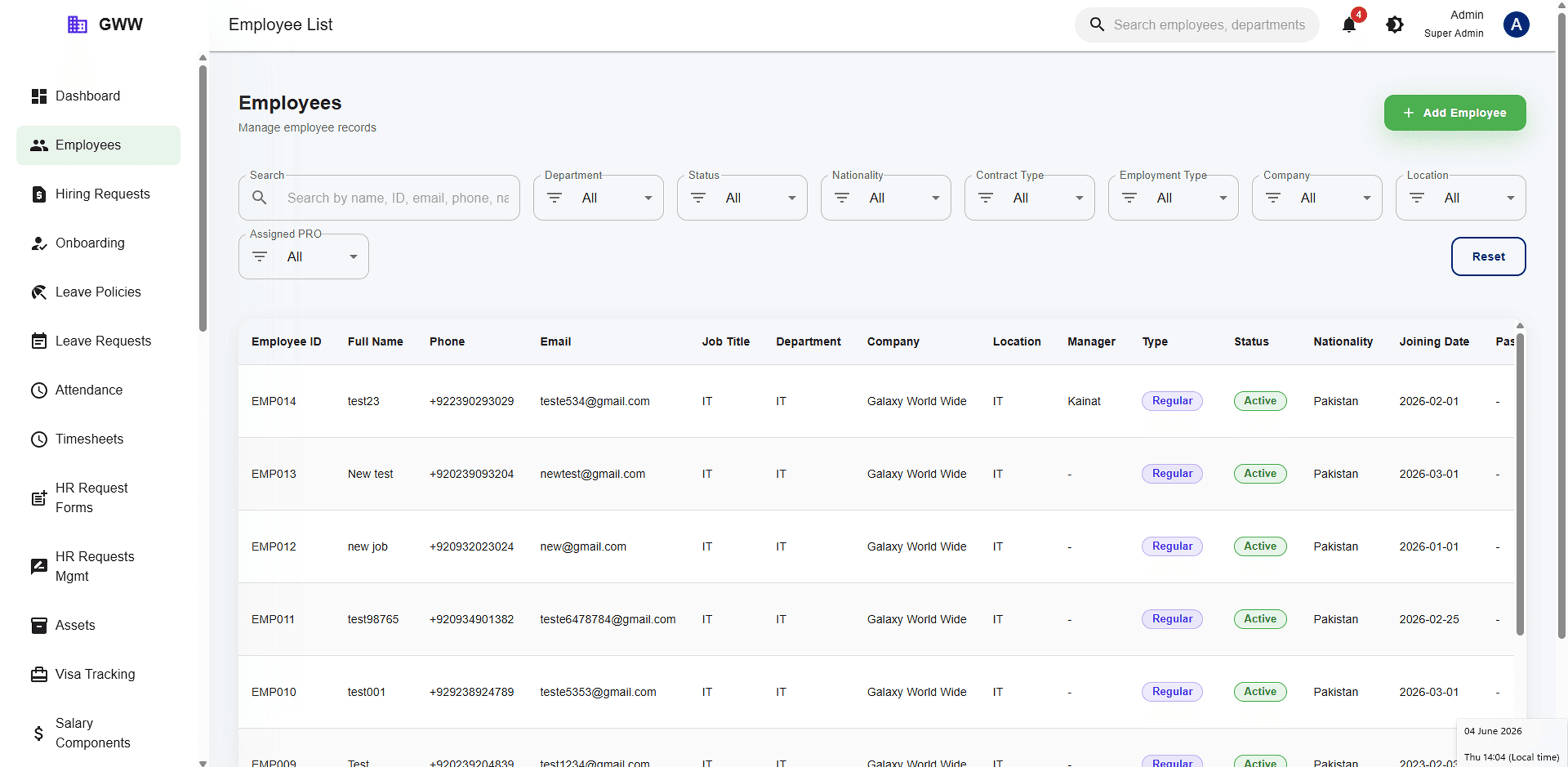 HRM employee list screen with filters, employee records, and add employee action