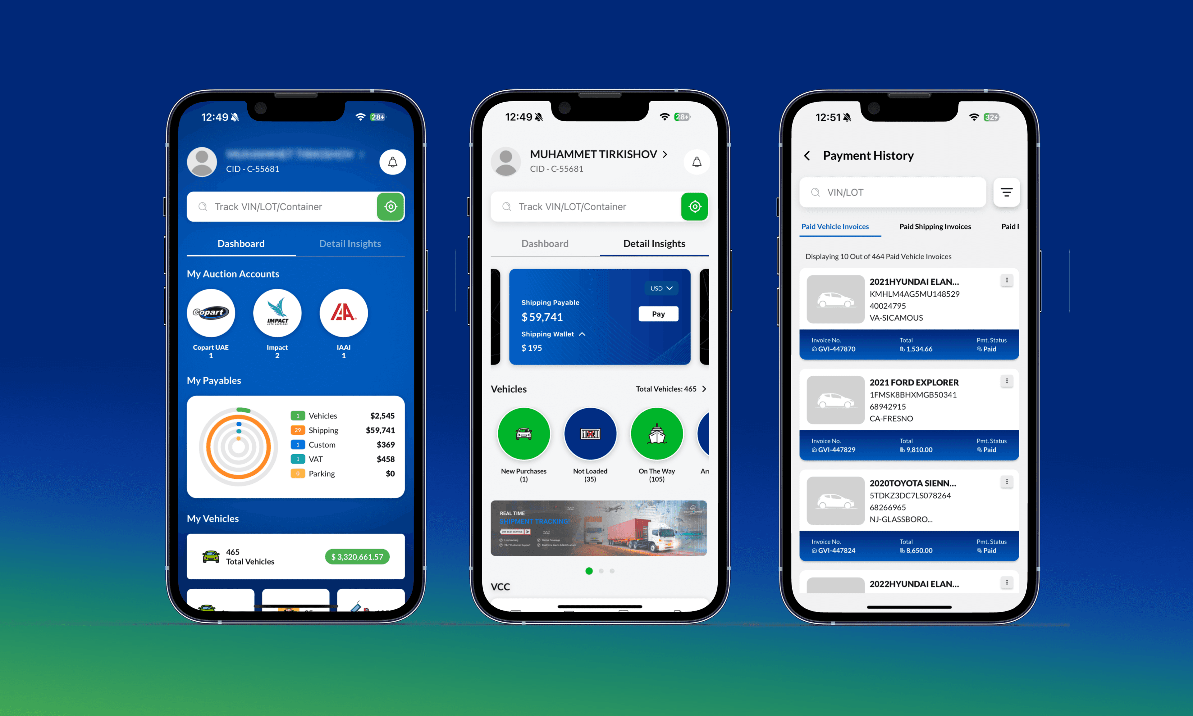 Vehicle shipping mobile ERP screens for dashboard, detail insights, and payment history