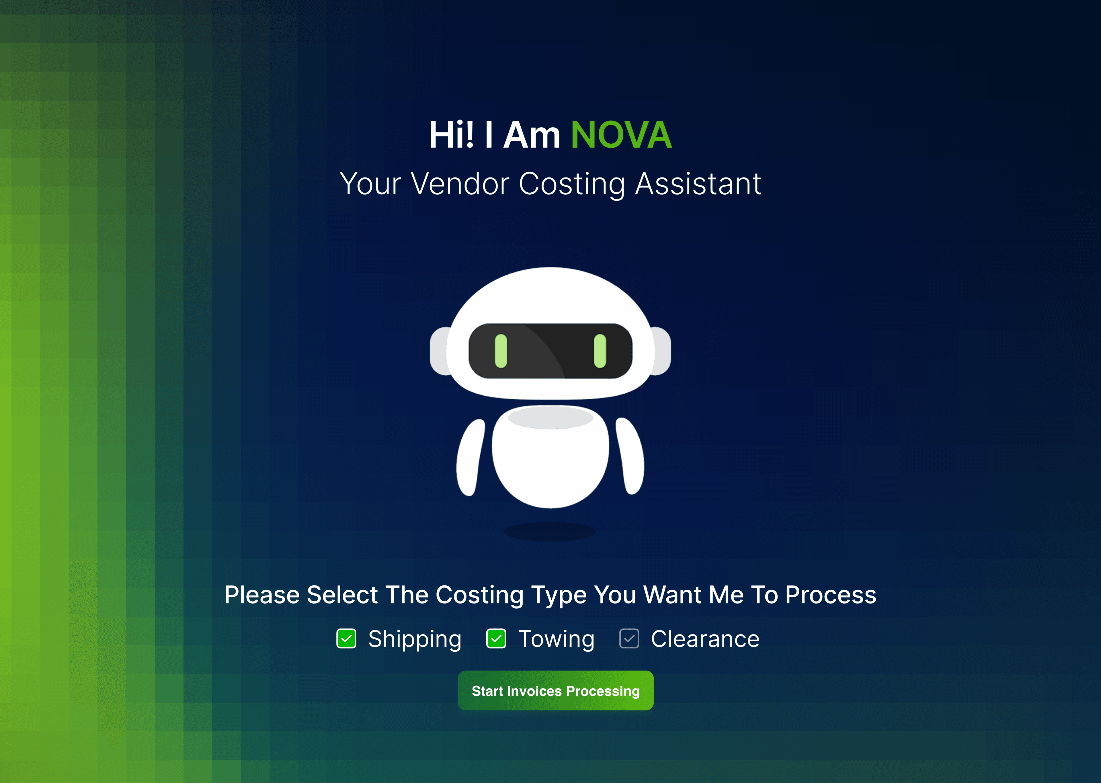 Nova vendor costing assistant screen for invoice processing automation